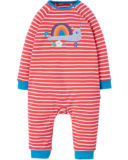 FRUGI - Rot-weiß gestreifter Strampler „Snail and rainbow“.